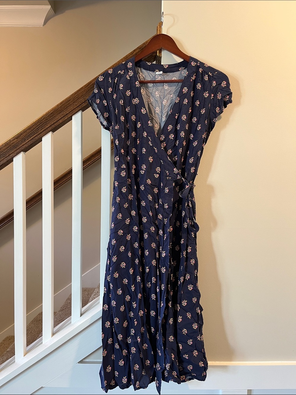 Old Navy Navy Wrap Midi Dress with Pink Floral Print